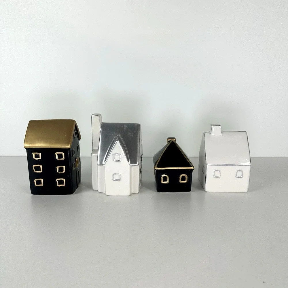 Becki Owens Ceramic Christmas Village Houses Decor Set Of‎ 4  Black White Gold